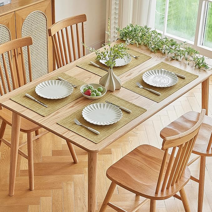 Softalker Faux Linen Placemats Set of 12-12 x 18 Inch, Heat Resistant Double Layered Durable Burlap Farmhouse Place Mats, Non-Slip Washable Rustic Table Mats for Dining, Kitchen, Party（Khaki
