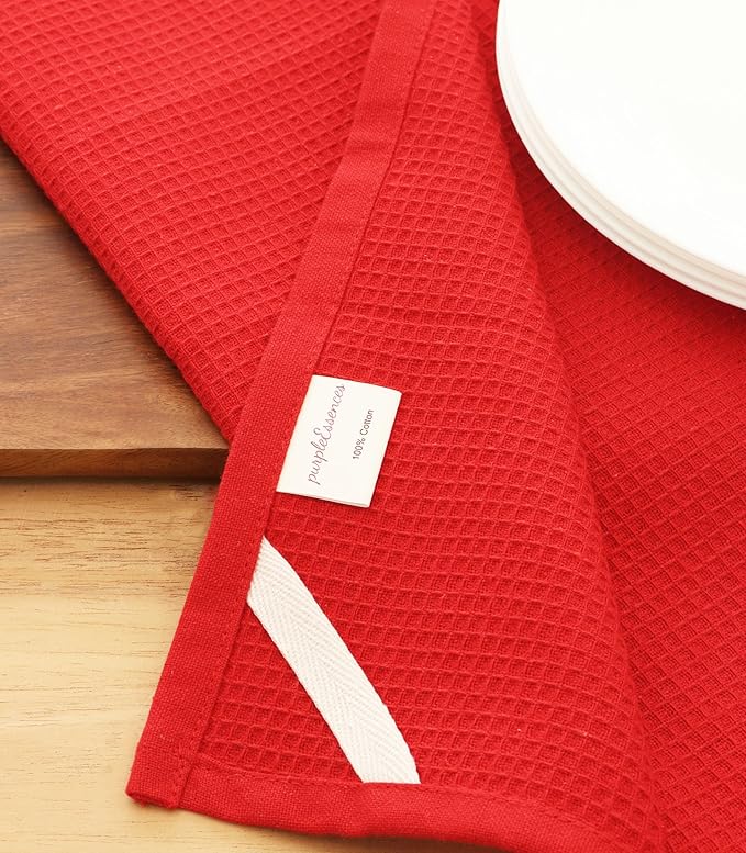 PurpleEssences Waffle Weave Kitchen Towel, 100% Cotton, 15x25 Inches, with Hanging Loop Ultra Soft Absorbent Quick Drying Dish Cloth, Tea and Hand Towels, 6 Pack - Christmas Holiday Winter - Red