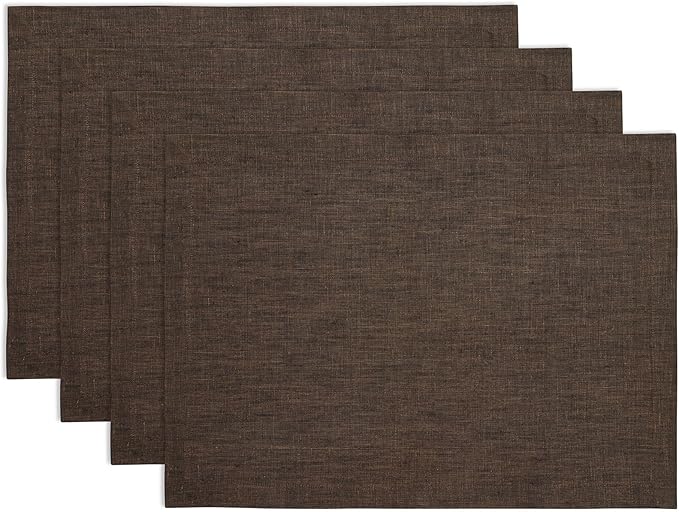 Solino Home Linen Placemats Set of 4-100% Pure Linen Chambray Brown Cloth Placemats 14 x 19 Inch for Fall, Autumn, Thanksgiving - Athena