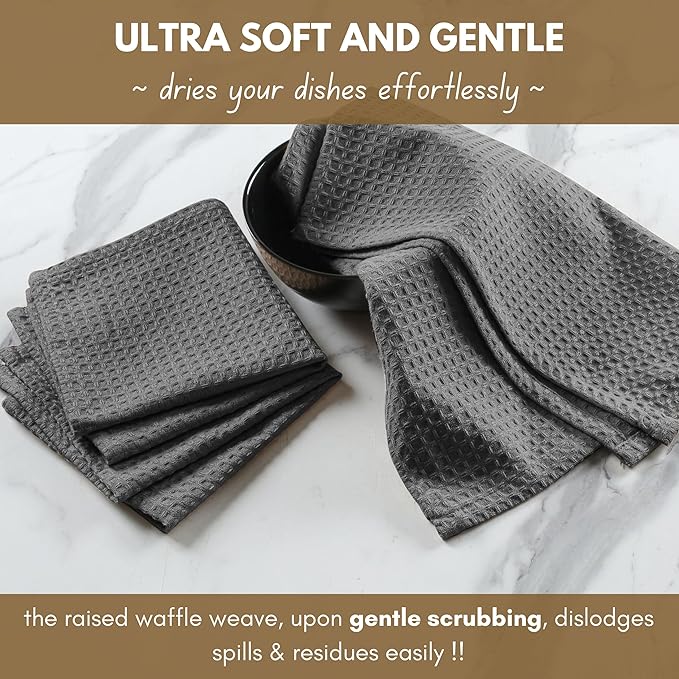 Native Fab Waffle 18 Pack Dish Cloths Set - 100% Cotton, Absorbent, Quick Drying, Washable Towels for Cleaning, Cooking & Baking - Great for Home, Restaurants, Bars & Cafes, 12x12 inches - Grey