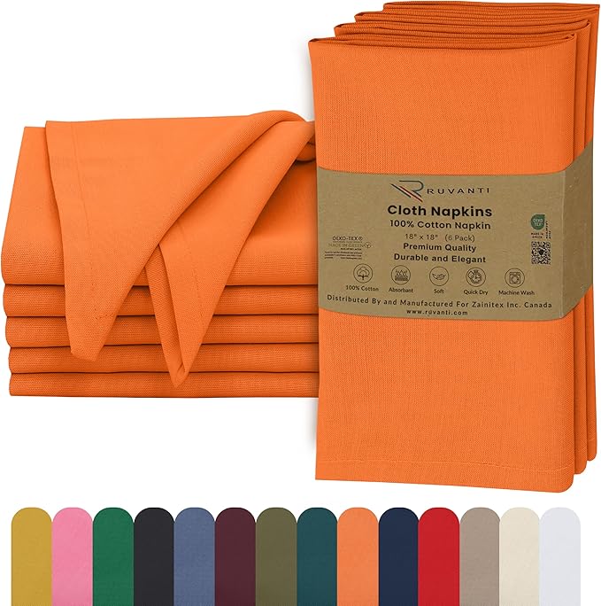 Ruvanti Cloth Napkins Set of 6, 18x18 Inches, 100% Cotton, Washable, Soft & Absorbent, Perfect for Wedding, Christmas, ‎Thanksgiving Dinners - Orange Peel