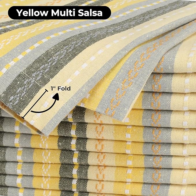 Yellow Thanksgiving Dinner Cloth Napkins Set of 12, 18x18 Inches Holiday Napkins Machine Washable, Soft, Cotton Blend - for Everyday, Lunch, Weddings, Parties - Multi Salsa Stripe