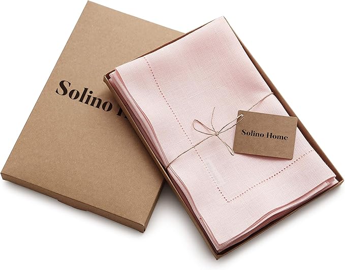 Solino Home Pink Linen Napkins Set of 4-100% Pure Linen Hemstitch Dinner Napkins 20 x 20 Inch - Classic Hemstitch