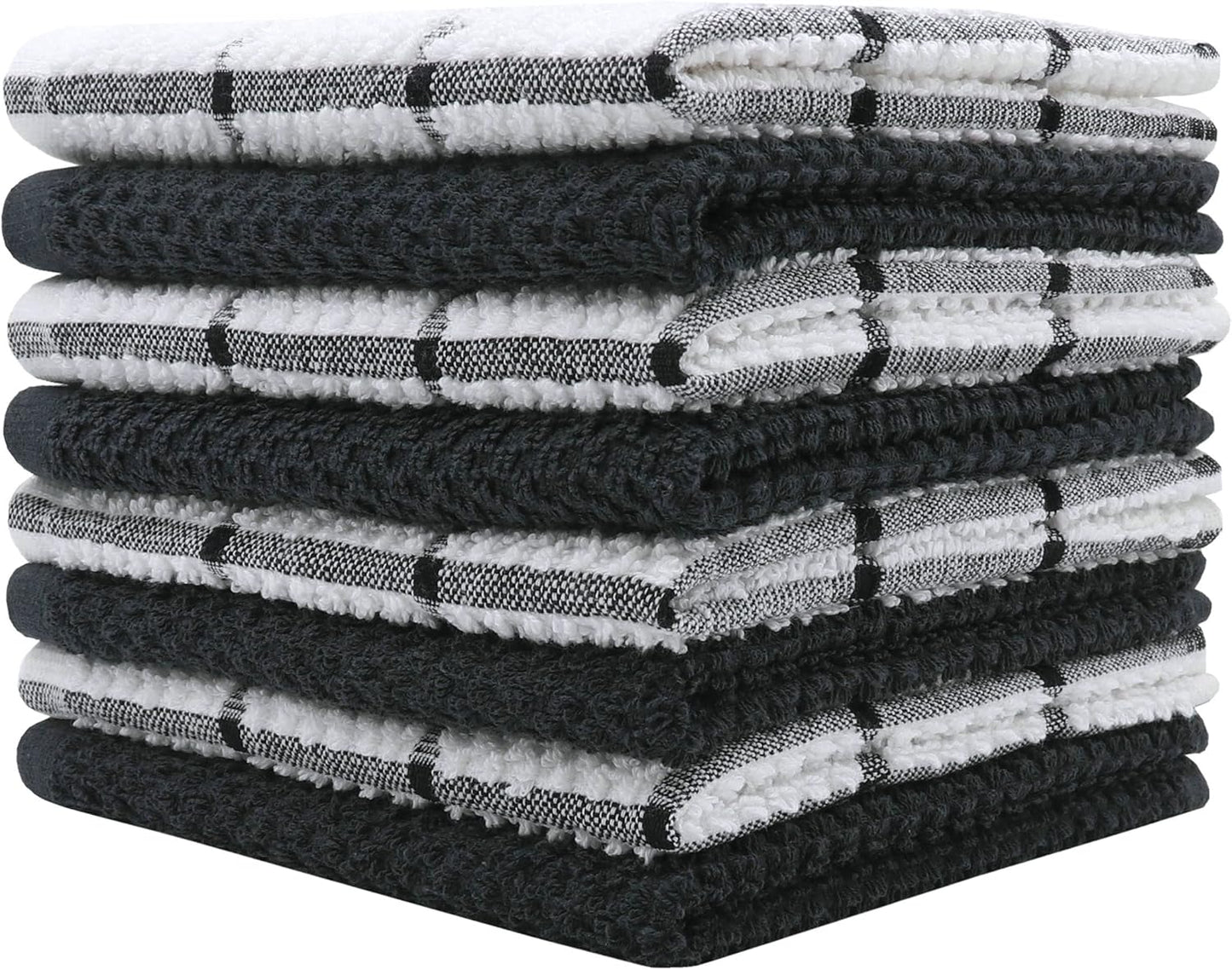 Cotton Grid Dish Cloths, Terry Cleaning Rags, 12 x 12 Inches, Light and Soft, Quick Drying Dish Rags, 8pc/Set (Black Multi)