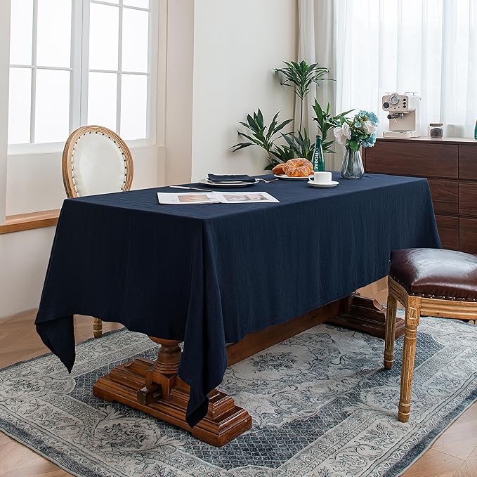 Linen World Linen Tablecloth, 100% French Linen Navy Tablecloth 120" x 60" Inch, Washable Rectangular Tablecloth for Dining, Outdoor, Weddings and Restaurants, Decorative Valentine Easter