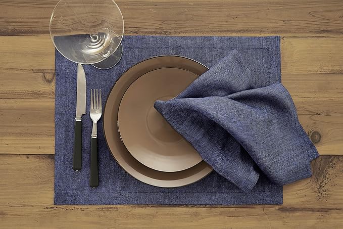 Solino Home Linen Cloth Placemats Set of 4-100% Pure Linen Chambray Navy Placemats 14 x 19 Inch for Fall, Autumn, Thanksgiving, Christmas, Holiday, Winter - Athena