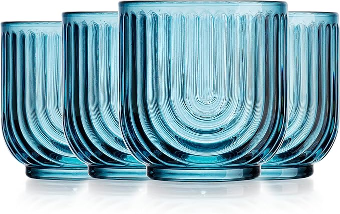 Glaver's Double Old Fashioned Rock Glasses, Set of 4 Blue Whiskey Glasses, 11 oz Art Deco U-Shape Design Embossed Everyday Home Bar Glassware. Art Deco Elegant Kitchen Drinking Glasses.