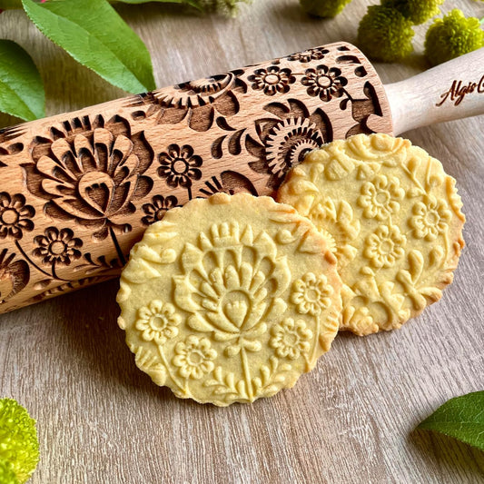 FOLK Embossed Rolling Pin. Wooden Embossing Rolling Pin With Folksy Flowers for Pottery and Cookies by Algis Crafts