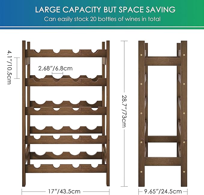 SMIBUY Bamboo Wine Rack, 20 Bottles Display Holder, 5-Tier Free Standing Storage Shelves for Kitchen, Pantry, Cellar, Bar (Walnut)