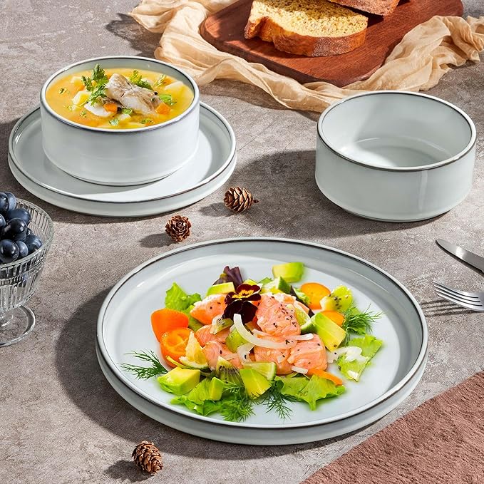 Herogo Plates and Bowls Dinner Dishes Sets for 6, 18 Pieces Ceramic Stoneware Dinnerware Set, Rustic Terracotta Bottom, Dishwasher & Microwave Safe, Icy White