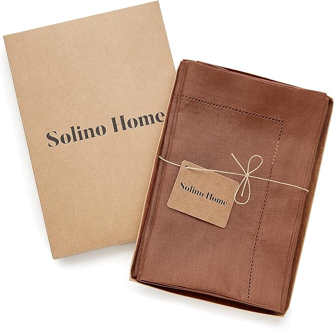 Solino Home Linen Napkins Set of 4 - Classic Hemstitch 100% Pure Linen Cinnamon Dinner Napkins Cloth 20 x 20 Inch for Fall, Autumn, Winter, Thanksgiving - Handcrafted and Machine Washable