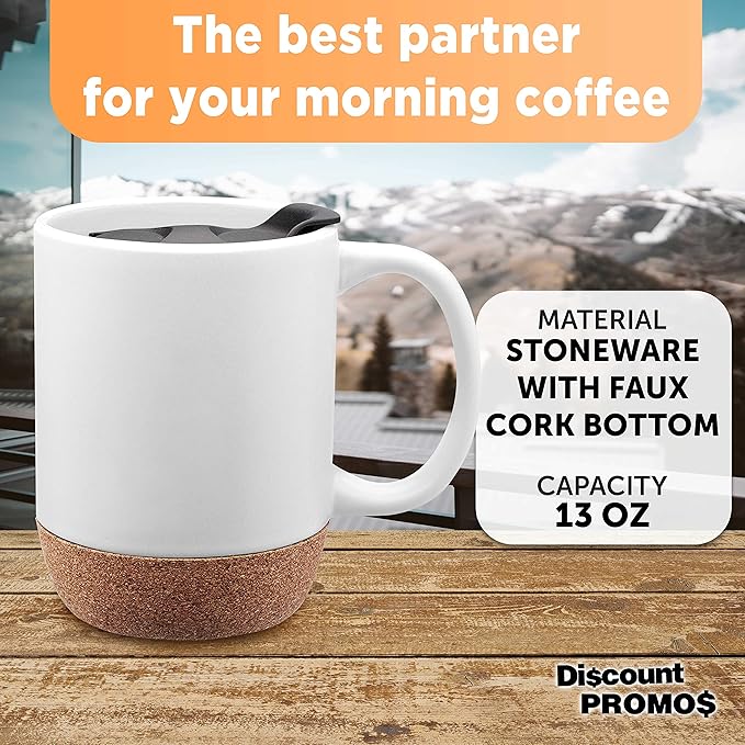DISCOUNT PROMOS Barista Ceramic Mugs with Cork Bottom 13 oz. Set of 12, Bulk Pack - Perfect for Coffee, Tea, Espresso, Hot Cocoa, Other Beverages - White