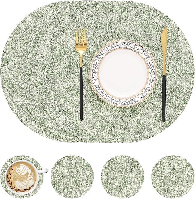homing Round Faux Leather Placemat and Coaster 4 Packs, Washable Heat Resistant Dining Place Mats, Wipeable Double-Sided Table Mats for Indoor and Outdoor, Diameter 13 and 3.93 inch, Light Green