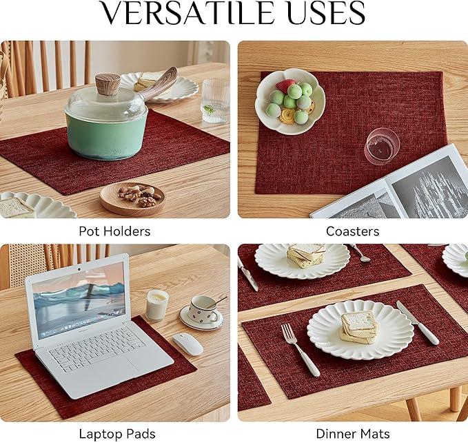 Softalker Faux Linen Placemats Set of 4-12 x 18 Inch, Heat Resistant Double Layered Durable Burlap Farmhouse Place Mats, Non-Slip Washable Rustic Table Mats for Dining, Kitchen, Party（Red