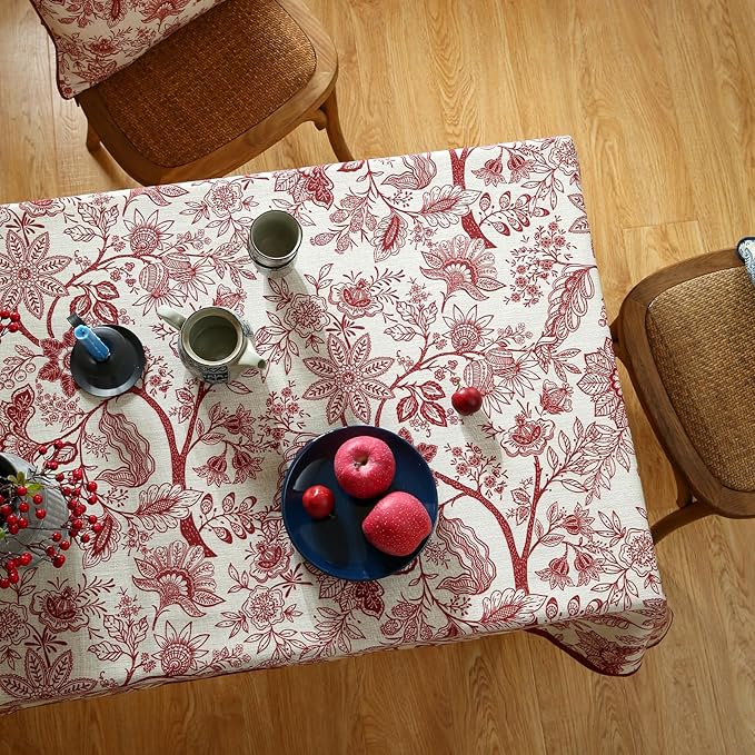 French Tablecloth for Square Tables,Linen Table Cloth with Red Flowers Pattern,Heavy Durable Table Cover for Dining Thanksgiving Kitchen Decor Party Christmas,55"*55"