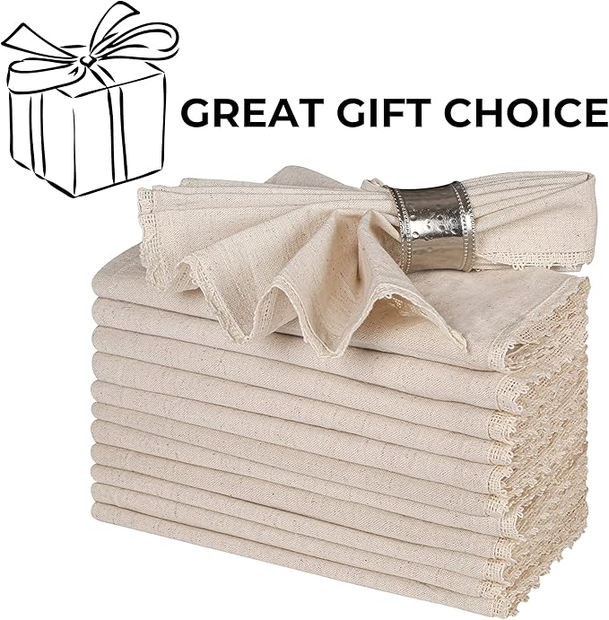 Bedding Craft Linen Flax Cotton Cloth Napkins 18x18 with Lace – Set of 72 – Machine Washable Reusable Fabric Napkins for Weddings, Cocktail Parties, Events & Table Settings (6 Dozen)