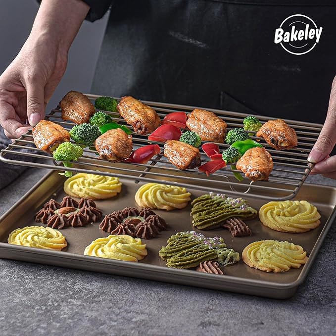 13-inch Baking Sheet Pan with Rack, Non-Stick Rectangular Shallow Dish Sheet Pan with Wire Rack for Oven Baking, BBQ, Jelly Roll and Roasting 13.5" x 9.6" x 1" (Champagne Gold)