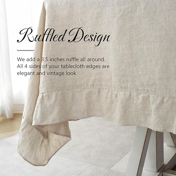 Linen World Ruffle Linen Tablecloth, 100% French Linen Natural Tablecloth 90" x 60" Inch, Washable Rectangular Tablecloth for Dining, Outdoor, Weddings and Restaurants, Decorative Valentine Easter