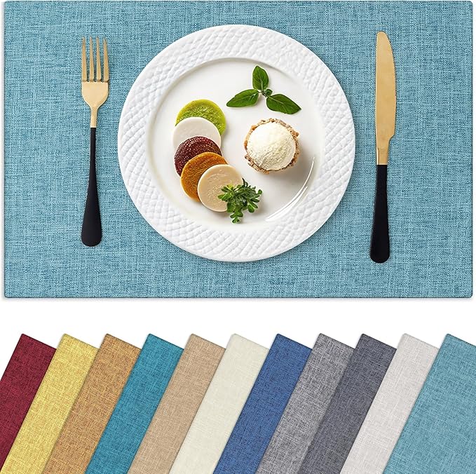 Homaxy Cloths Placemats for Dining Table Set of 8, Heat Resistant Washable Cotton Linen Blend Table Mats, Easy to Clean Place Mats for Indoor Outdoor Party Kitchen Decoration, 13" x 19", Aqua