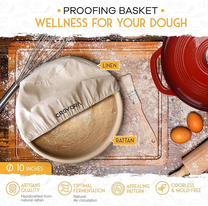 6 QT Enameled Cast Iron Dutch Oven for Bread Baking with Lid - Incl. Sourdough Bread Baking Supplies like Banneton Bread Proofing Basket, Cast Iron Bread Oven, Bread Pan, bread making tools