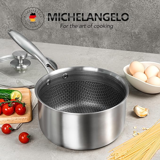 MICHELANGELO 3 Quart Saucepan with Lid, Premium Triple Ply Stainless Steel Sauce Pan with Lid, Sauce Pot with Honeycomb Interior - 3QT