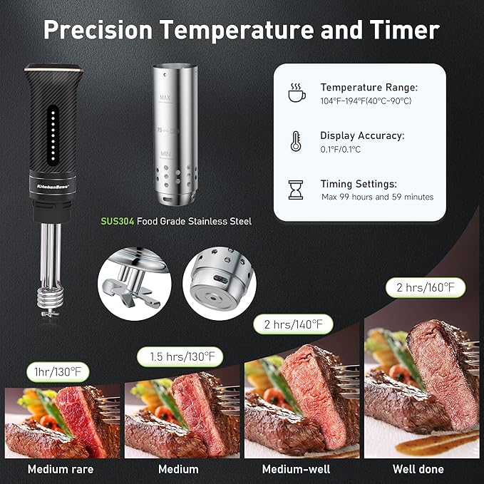 KitchenBoss Wifi Sous Vide Cooker: Ultra-quiet Sous Vide Machine Immersion Circulator APP Control, IPX7 Waterproof All-stainless Steel 1100W Sous Vide Precision Cooker Fast-Heating, Carbon Black