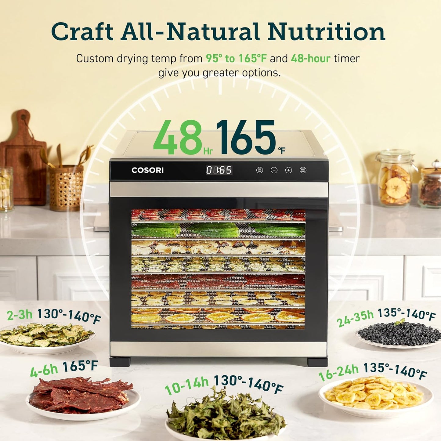 COSORI Food Dehydrator for Jerky, 10 Trays, 16.2ft² Drying Space, 165°F Temperature Control, 48H Timer, 1000W Dehydrator Machine, Stainless Steel, for Herbs, Fruit, Meat, and Yogurt, Silver