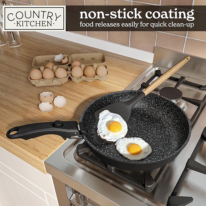 Country Kitchen Cookware Set with Removable Handle, Oven & RV Safe Pots and Pans Set, Black Rhombus, Original