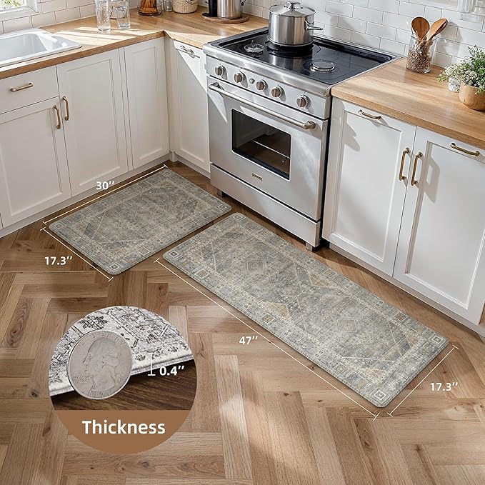 GENIMO Kitchen Mats for Floor 2PCs, Washable Anti Fatigue Mat for Cushioned, 17.3"x47"+17.3"x30", Waterproof Kitchen Rugs, Non Slip Comfort Standing Mat Rug for Home, Sink, Laundry, Lightgrey