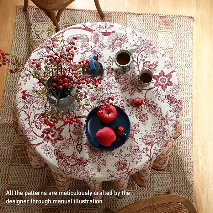 French Tablecloth for Round Tables,Linen Table Cloth with Red Flowers Pattern,Heavy Durable Table Cover for Dining Thanksgiving Kitchen Decor Party Christmas,Diameter 67"