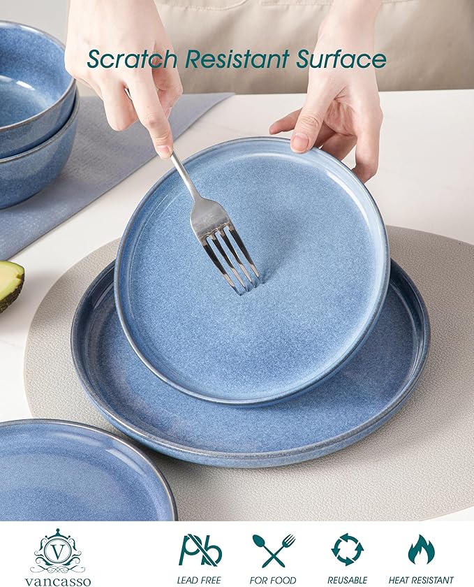 vancasso ANYA 18 Pieces Plates and Bowls Set, Blue Dinnerware Sets, Reactive Glaze Dishes Set for 6, Ceramic Dishware Sets Kitchen Dinner Set, Microwave & Dishwasher Safe