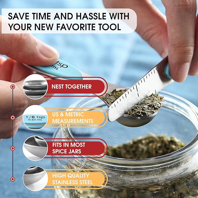 Spring Chef Stainless Steel Magnetic Measuring Spoons Set of 8 with Leveler, Metal Teaspoon & Tablespoon Measuring Spoons with Strong Magnets, Kitchen Gadgets for Baking & Cooking - 2 Pack - Aqua Sky