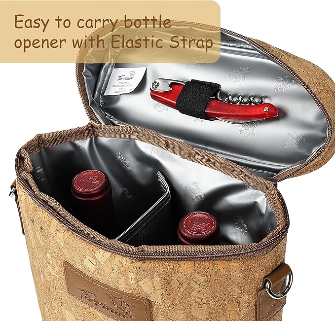 Tirrinia 2 Bottle Wine Gift Tote Carrier - Leakproof & Insulated Padded Versatile Wine Cooler Bag for Travel, BYOB Restaurant, Wine Tasting, Party, Dinner,Gift for Wine Lovers, Cork