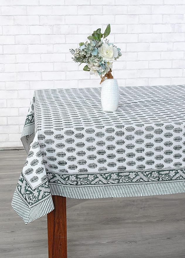 Ridhi Emerald Green Hand Block Print Cotton Rectangle Tablecloth 120 x 80 inches Reusable Table Cover Decorative Everyday Use for Dining Room, Farmhouse, Home, Party, Festive & Wedding, Fall