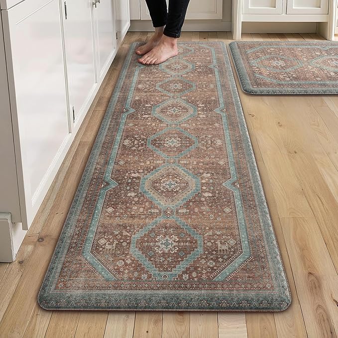 GENIMO Kitchen Mats for Floor 2PCs, Washable Anti Fatigue Mat for Cushioned, 17.3"x47"+17.3"x30", Waterproof Kitchen Rugs, Non Slip Comfort Standing Mat Rug for Home, Sink, Laundry, Mix Red