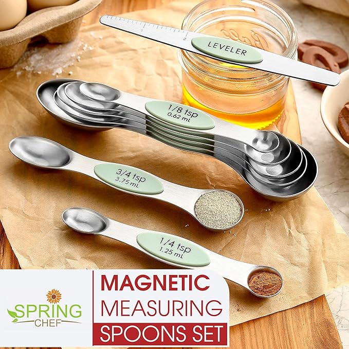 Spring Chef Stainless Steel Magnetic Measuring Spoons Set of 8 with Leveler, Dual Sided Teaspoon & Tablespoon Set, Nesting Metal Kitchen Gadgets for Baking & Cooking, Fits in Spice Jars - Pistachio