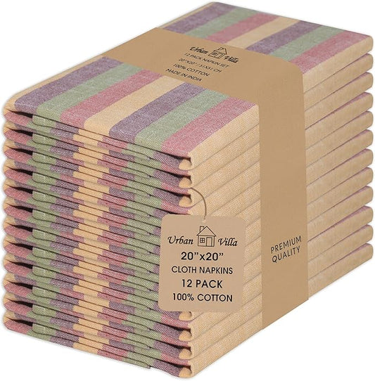 Urban Villa Cloth Napkins Set of 12 20x20 Inches 100% Cotton Napkins Cloth Washable Durable Reusable Absorbent Table Dinner Napkins Cloth for Thanksgiving Fall Hotel Lunch Restaurant- Harvest Stripes