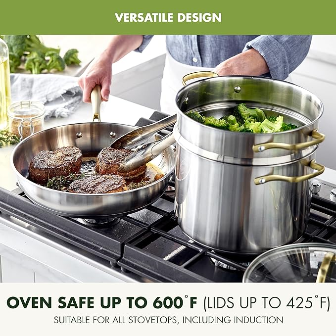 GreenPan11 Piece Stainless Steel Cookware Set, Induction Ready, Measurement Markings, Dishwasher & Oven Safe 600F, Pots & Pans, Sauce, Saute, Frying Pans, Gold