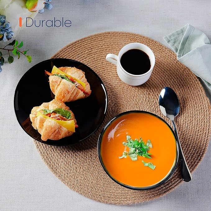 Dinnerware Sets for 4, LaGlint 12 Pieces Opal Glass Plates and Bowls Set, Dishwasher and Microwave Safe Dish Dinning Ware, Chip and Scratch Resistant Dishware Black