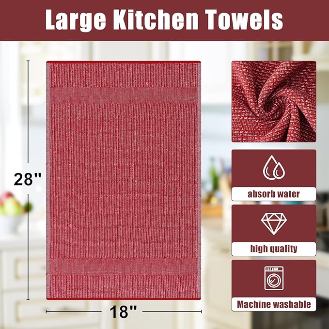 Homaxy Premium Kitchen Towels(18”x 28”, 6 Pack), Large Cotton Kitchen Hand Towels, Flat and Terry Dish Towels, 380 GSM Highly Absorbent Tea Towel Set with Hanging Loop, Red