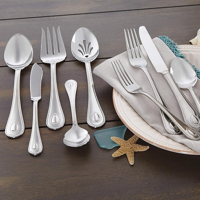 Lenox Silverware Set For 12, French Perle 65-Piece Flatware Set with Serving Utensils, Service For 12, Elegant 18/10 Stainless Steel Utensils with Beading, Knives Spoons & Forks (Silver, 65 Piece)