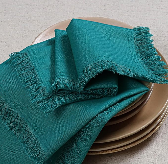 Bedding Craft Cotton Cloth Dinner Napkins Set of 12 – 18x18 Teal with Frayed Selvedge Edges – Machine Washable Reusable Fabric Napkins for Weddings, Baby Showers, Parties & Table Décor