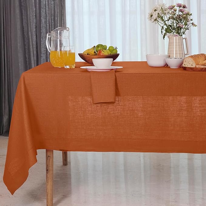D'Moksha Homes Rust Linen Tablecloth 60 x 90 Inch - 100% Pure Linen Tablecloth for Rectangle Tables - Machine Washable Table Cloth for Fall and Halloween