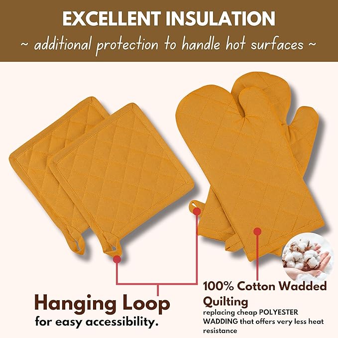 Native Fab 4 Piece Set - 2 Oven Mitts & 2 Potholders, Heat Resistant, 100% Cotton, Quilted Design, Non-Slip Grip, Machine Washable, Ideal for Baking, Cooking, BBQ, Kitchen Protection - Mustard Yellow