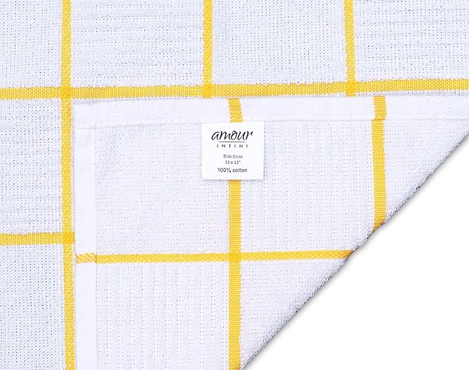 AMOUR INFINI Dish Cloths for Washing Dishes Set of 8 - Highly Absorbent, Super Soft Kitchen Dishcloths - Reusable Quick Dry Dish Rags for Cleaning & Drying Kitchen Linens (12x12 Inch - Yellow)