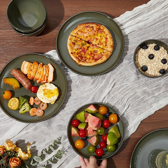 Santorini Mist Terracotta Reactive Glaze Plates and Bowls Sets, Stoneware Dinnerware Sets, Microwave and Dishwasher Safe Ceramic Dish Set Service for 4, Blackish Green