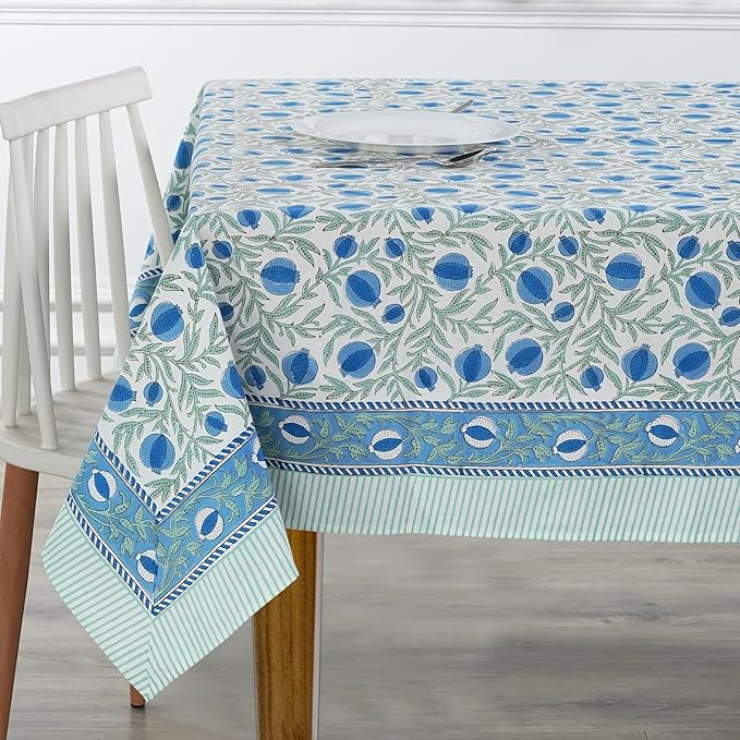 Ridhi Queen Blue Hand Block Print Cotton Rectangle Tablecloth 120 x 60 inches Reusable Table Cover Decorative Everyday Use for Dining Room, Farmhouse, Home, Party, Festive & Wedding, Fall