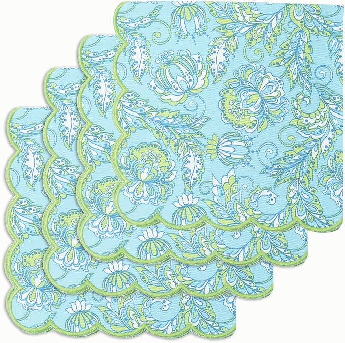 PurpleEssences Scalloped Embroidery Kalamkari Cloth Napkins Christmas Holiday Winter Table Decor 100% Cotton Set of 4-18 x 18 inch - Light Blue Edges - Sage Green