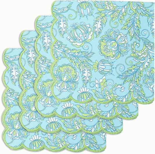 PurpleEssences Scalloped Embroidery Kalamkari Cloth Napkins Christmas Holiday Winter Table Decor 100% Cotton Set of 4-18 x 18 inch - Light Blue Edges - Sage Green