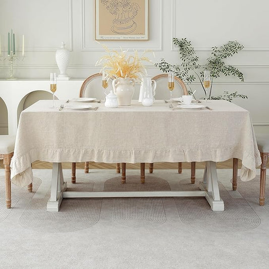 Linen World Ruffle Linen Tablecloth, 100% French Linen Natural Tablecloth 108" x 60" Inch, Washable Rectangular Tablecloth for Dining, Outdoor, Weddings and Restaurants, Decorative Valentine Easter